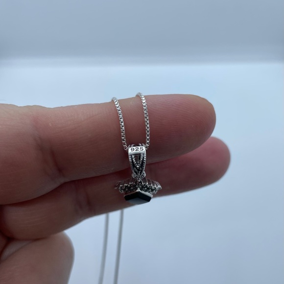 Sterling Silver Black Onyx Square Marcasite Necklace -Genuine Onyx - Picture 2 of 6